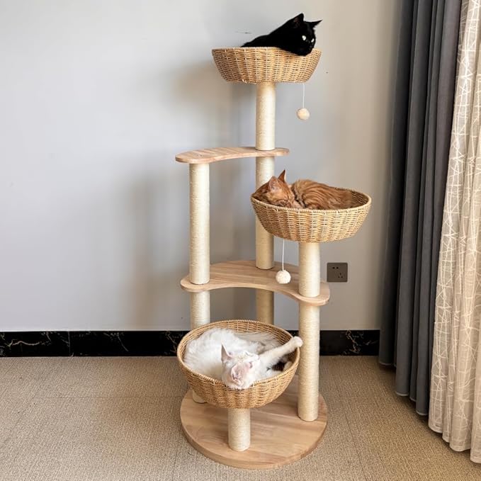 Modern Wood Cat Tree for Large Cats,Luxury Rattan Oak Solid Cat Trees Towers，3 Weaving Cat Nests & Washable Cushions, Sisal Scratching Posts,Cat Condo for Indoor Cats, Varnish, Easy Clean (Large-O1)