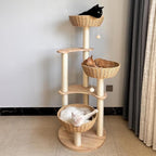 Modern Wood Cat Tree for Large Cats,Luxury Rattan Oak Solid Cat Trees Towers，3 Weaving Cat Nests & Washable Cushions, Sisal Scratching Posts,Cat Condo for Indoor Cats, Varnish, Easy Clean (Large-O1)