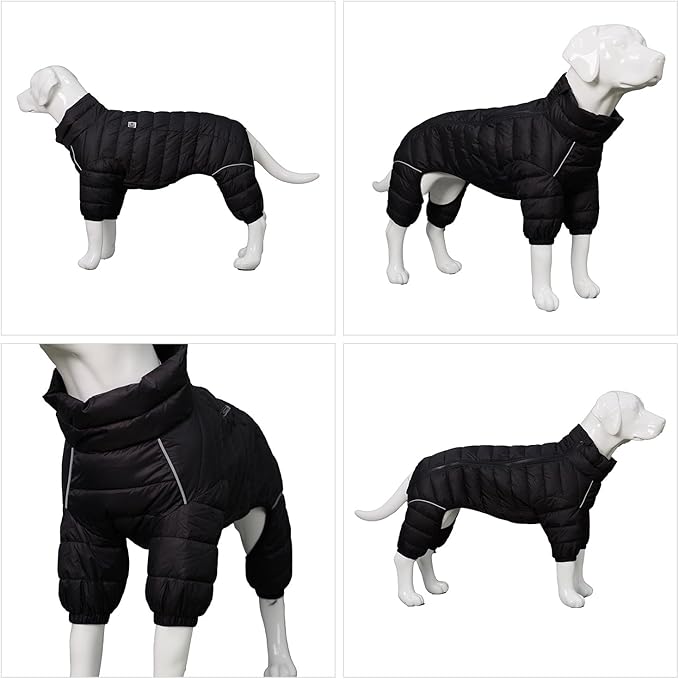 Warm Dog Coat, 4 Legs Covered Waterproof Windproof Reflective Vest, Zippered Adjustable Outdoor Snow Jacket for Small Medium Large Dogs, Black S