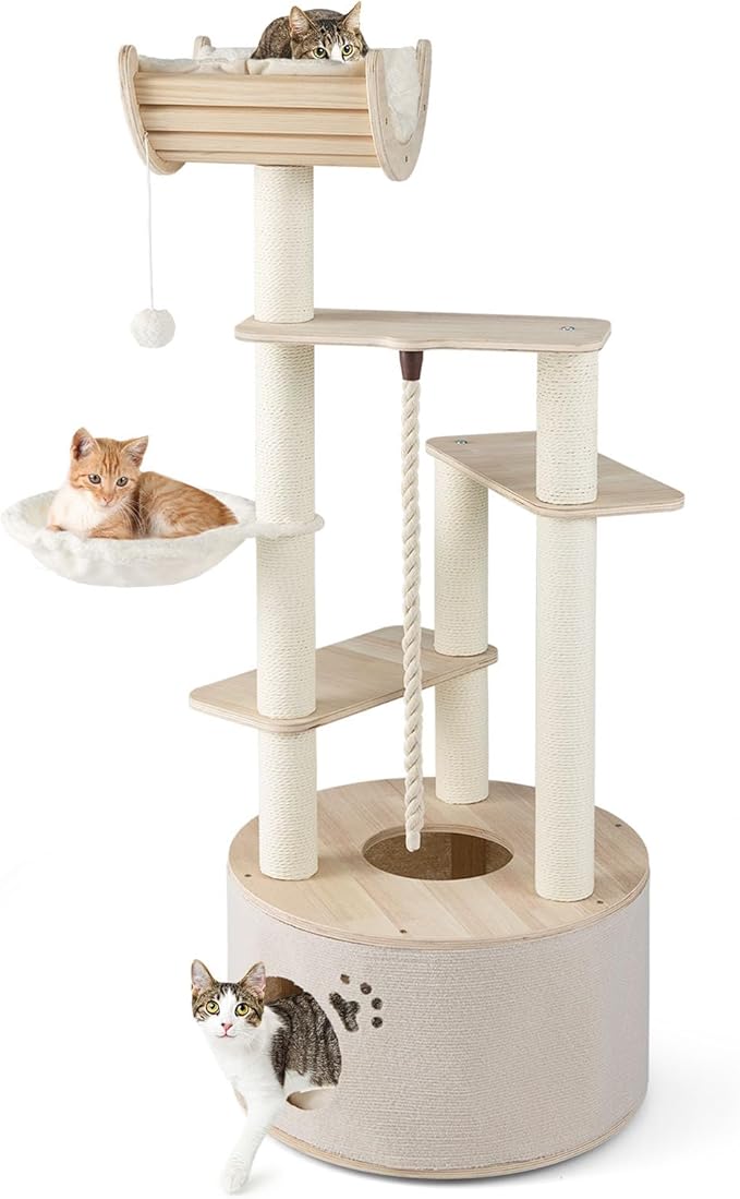 PETSITE 55.5 Inches Wooden Cat Tree, Multi-Level Modern Cat Tower with Scratching Posts, Side Basket, Multiple Jumping Platforms, Hanging Ball and Rope, Top Curved Perch, and Condo