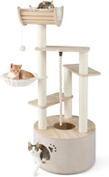 PETSITE 55.5 Inches Wooden Cat Tree, Multi-Level Modern Cat Tower with Scratching Posts, Side Basket, Multiple Jumping Platforms, Hanging Ball and Rope, Top Curved Perch, and Condo