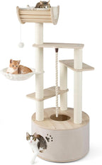 PETSITE 55.5 Inches Wooden Cat Tree, Multi-Level Modern Cat Tower with Scratching Posts, Side Basket, Multiple Jumping Platforms, Hanging Ball and Rope, Top Curved Perch, and Condo