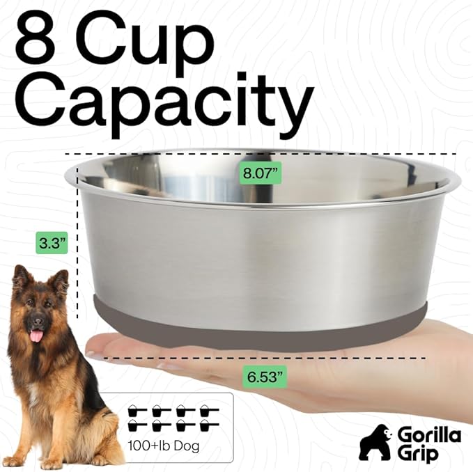 GORILLA GRIP Dog Bowls, Food Grade 304 Stainless Steel, Holds 8 Cups Each (64 fl oz) Food and Water Bowl for Feeding Dogs and Cats, Dishwasher Safe, Rust Resistant, BPA Free Rubber Base Set of 2 Beige