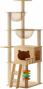 59” Wood Cat Tower with Sisal Scratching Post, Modern Cat Tree with 2 Acrylic Bowl, Cat Condo, Climbing Ladder & Hanging Ball Toy, Multi-Level Cat Activity Center (59 inch)