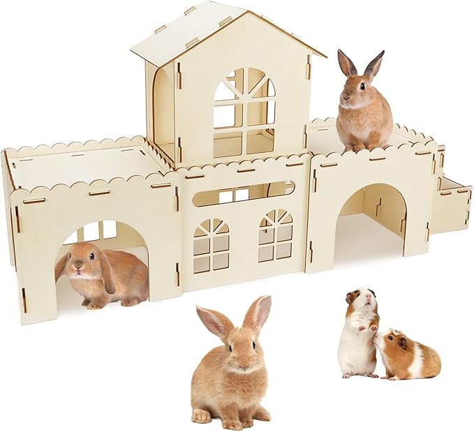 BWOGUE Extra Large Wooden Rabbit Hideout Castle, Detachable Bunny Castle for Rabbits Chinchillas Guinea Pigs, Sturdy Bunny Play House Indoor with Stairs, Small Animal Play Hideaway Hutch