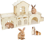 BWOGUE Extra Large Wooden Rabbit Hideout Castle, Detachable Bunny Castle for Rabbits Chinchillas Guinea Pigs, Sturdy Bunny Play House Indoor with Stairs, Small Animal Play Hideaway Hutch