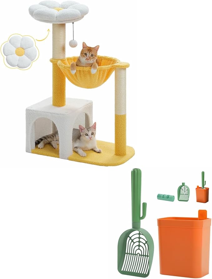 Cute Cat Tree with Flower Top Bed - Cloud Scratching Posts, Cactus Cat Litter Scoop with 2 Replaceable Compostable Scoops