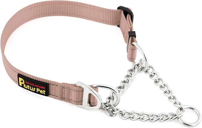 Plutus Pet Martingale Dog Collar with Stainless Steel Chain and Reflective Nylon, Adjustable No Pull Training Collar, for Small Medium, and Large Dogs, Beige, S