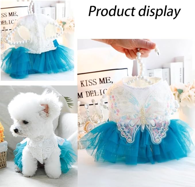 ANIAC Butterfly Dog Dress with Blue Tutu Funny Dog Clothes with Wing Girl Puppy Dress for Small Dogs Pet Butterfly Costume Holiday Cat Outfit for Halloween Birthday Wedding (Lake Blue, Medium)