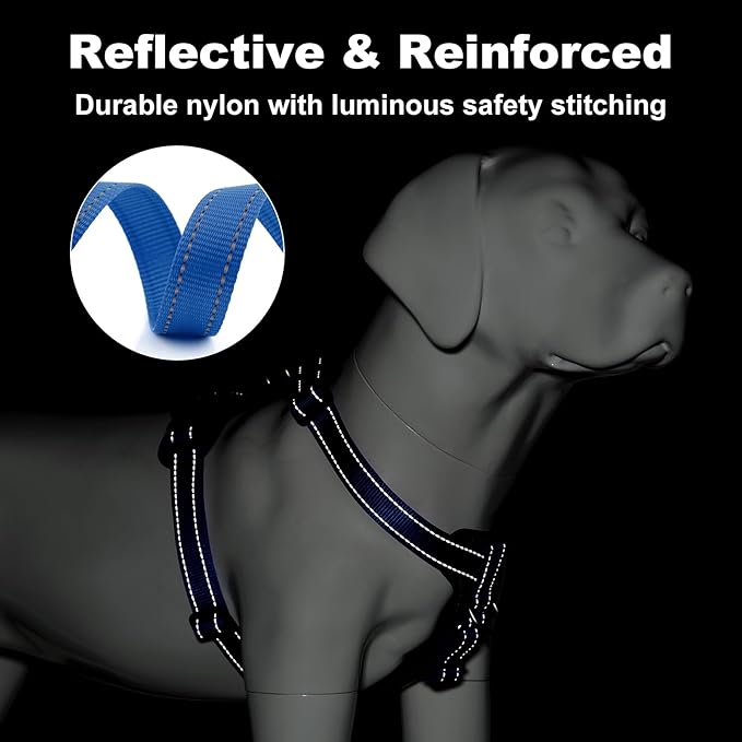 Plutus Pet Adjustable No Pull Dog Harness with Leather Accents, Heavy Duty Reflective Nylon Vest for Training, Hiking, Easy Walk Harness for Small, Medium, Large Dogs (Royal Blue, L)