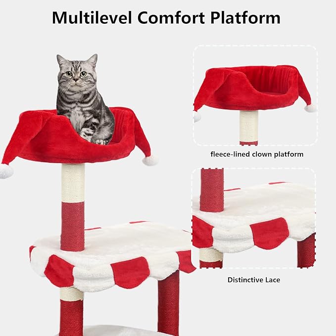 Cat Tree with Cozy Perch & Scratching Posts - Red & White Design Multi-Level Cat Furniture for Kittens/Cats to Climb, Rest & Play