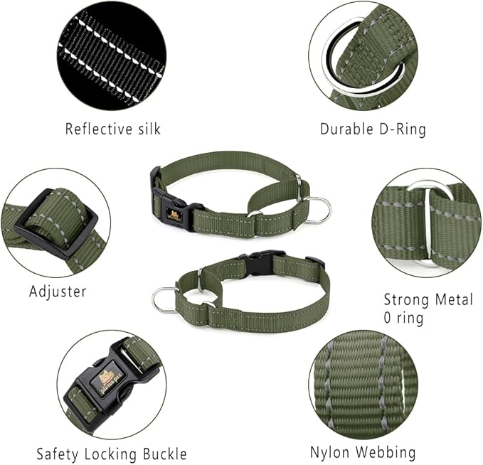 PLUTUS PET Reflective Martingale Collar with Quick Snap Buckle,No Pull Dog Choker Collar for Small Medium Large Dogs, S, Ranger Green