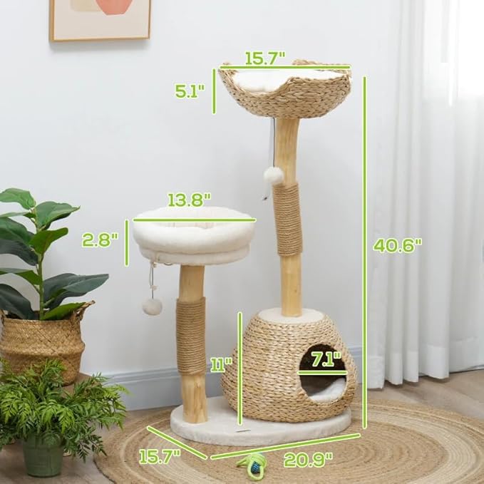 Cat Tree for Indoor Cats with Wooden Scratching Posts, Cat Condo, Washable Cat Beds & Toy Balls – Natural Cat Tower for Small Cats