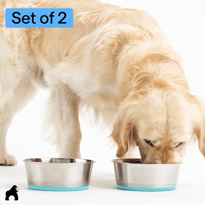GORILLA GRIP Dog Bowls, Food Grade 304 Stainless Steel Holds 4 Cups Each (32 fl oz) Food and Water Bowl for Feeding Dogs and Cats Dishwasher Safe Rust Resistant BPA Free Rubber Base Set of 2 Turquoise