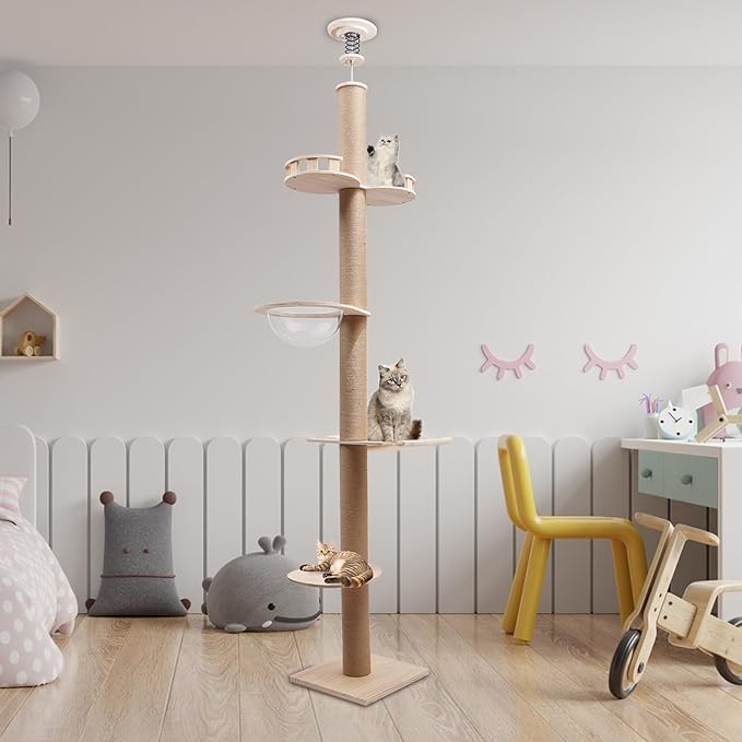 4 Tier Floor-to-Ceiling Cat Tree, Adjustable Height Cat Climbing Tower Set with Space Capsule, Hammock, Cats Scratching Post Climbing Shelves for Cats to Jump Scratch Sleep Play, 100.4-104.3inch H