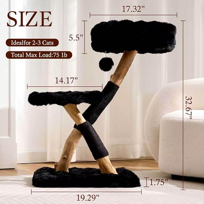 HITTITE Natural Solid Wood Cat Tree Tower with Scratching Post, 32 Inches Tall Modern Cat Tower with Cozy Bed and Platforms, Luxury Real Branch Cat Tree for Indoor Cats Large Adult, Black.