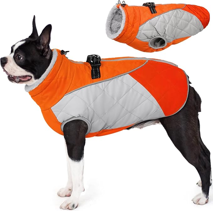 AOFITEE Dog Coat, Dog Winter Coat, Reflective Small Dogs Jacket with Harness Built in and Fleece Lined, Waterproof Pet Winter Jacket Warm Snowsuit for Small Medium Large Dogs, Orange M