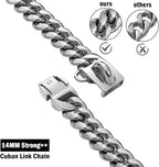 Strong Stainless Steel Silver Metal Dog Collars with New Secure Buckle,14MM Cuban Lock Link Chain Training Collar Necklace Chain for Small Medium Large Dogs