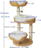 Cat Tree 39 Inches Cat Tower with Sisal Covered Scratching Real Wood Post, Handwoven PE Rattan 3 Baskets perches with Cozy Cushion, Cat Climbing, Cat Scratching Post (White Cushion)