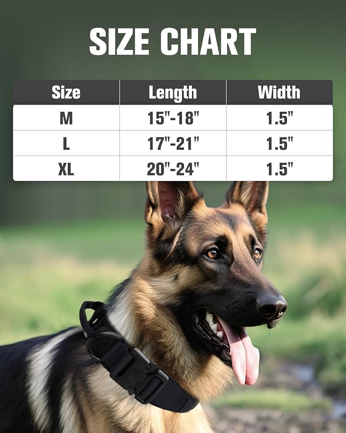Joytale Tactical Dog Collar with Handle and Metal Buckle, Heavy Duty Padded Military Collar with 2 Patches for Training, Adjustable for Medium Dogs, Black, M