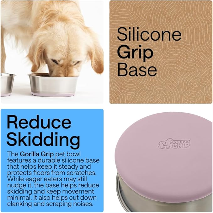 GORILLA GRIP Dog Bowls, Food Grade 304 Stainless Steel, Holds 2 Cups Each (16 fl oz) Food and Water Bowl for Feeding Dogs and Cats, Dishwasher Safe, Rust Resistant, BPA Free Rubber Base Set of 2 Pink