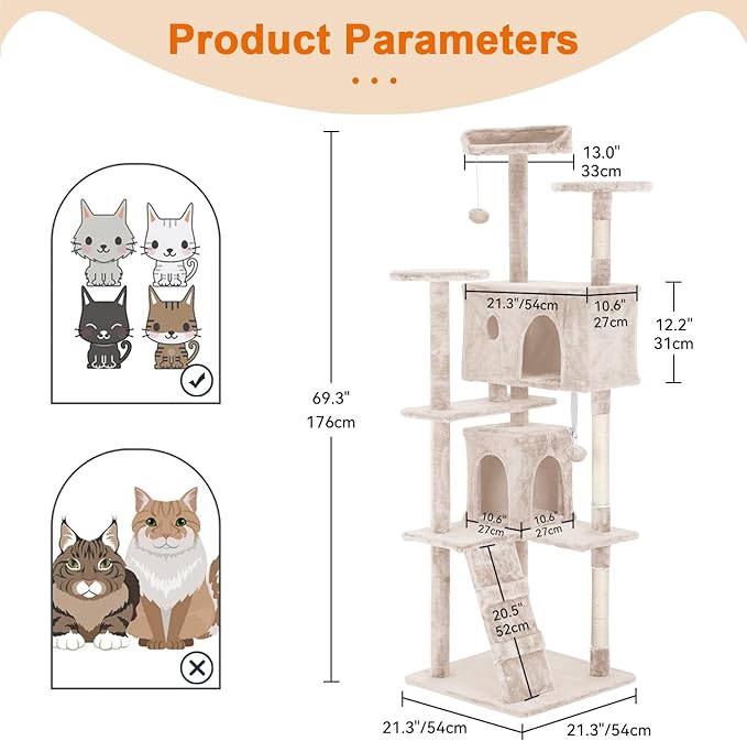 Cat Tree 69.3 inches Cat Tower for Indoor Cats Cat House with Replaceable and Removable Dangling Ball Cat Trees and Towers with Funny Toys, Beige