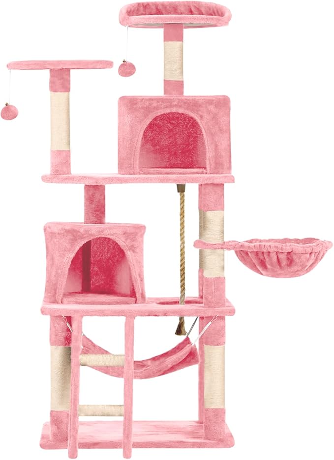Cat Tree 60.63 inches Cat Tower for Indoor Cats, Multi-Level Cat Condo Furniture with Scratching Posts, Plush Perches, Activity Center with Cozy Basket & Hammock for Cats (Pink)
