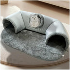 Cozy Pet Cave 3-in-1 Cat Tunnel Bed, Gray Plush with Fleece Lining, Anti-Slip Base, Multiple Entrances, Indoor Cat House, 33.46 x 25.59 Inch
