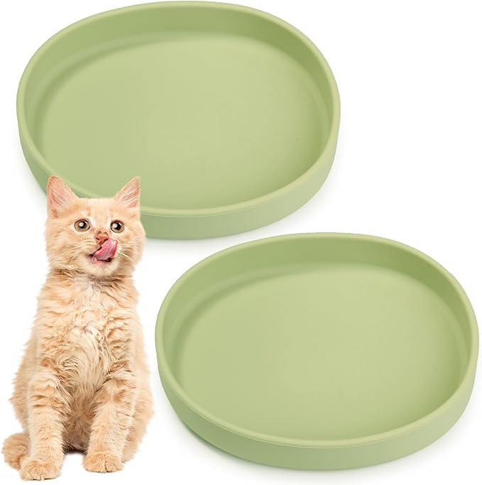 BNOSDM Silicone Cat Bowl 2 Pcs Non-Slip Cat Dish for Dry Food and Wet Food Shallow Relief Whisker Fatigue Pet Bowls Plates Set for Cats Dogs, Green