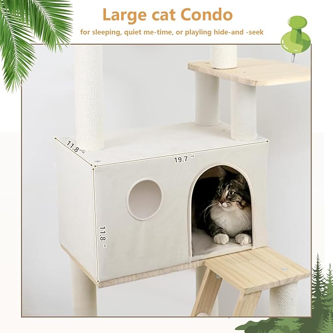 Solid Wood 65" Cat Tree Modern, Multi-Level Cat Tower for Indoor Cats, Sturdy Cat Tower with Hammock, Cozy Condo, Scratching Posts & Ladder