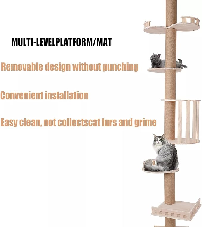 Cat Trees Tower for Indoor 5Tier Cats Scratching Post Adjustable Height Shelves Multifunctional Kitten Furniture Floor-to-Ceiling Wooden Climbing Sisal Rope Scratcher 100.4-104.3In Home Pet Shop