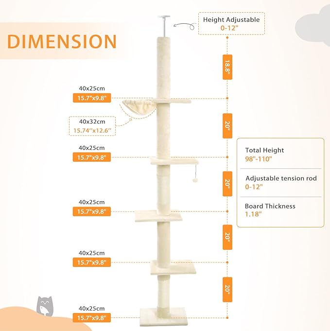 Cat Craft Floor to Ceiling Cat Tree,5 Tiers Tall Cat Tower with Adjustable Height(98-110),Skinny Ceiling Cat Tree with Cozy Hammock,Sisal Scratching Posts,Platforms,and Hanging Balls for Large Cats