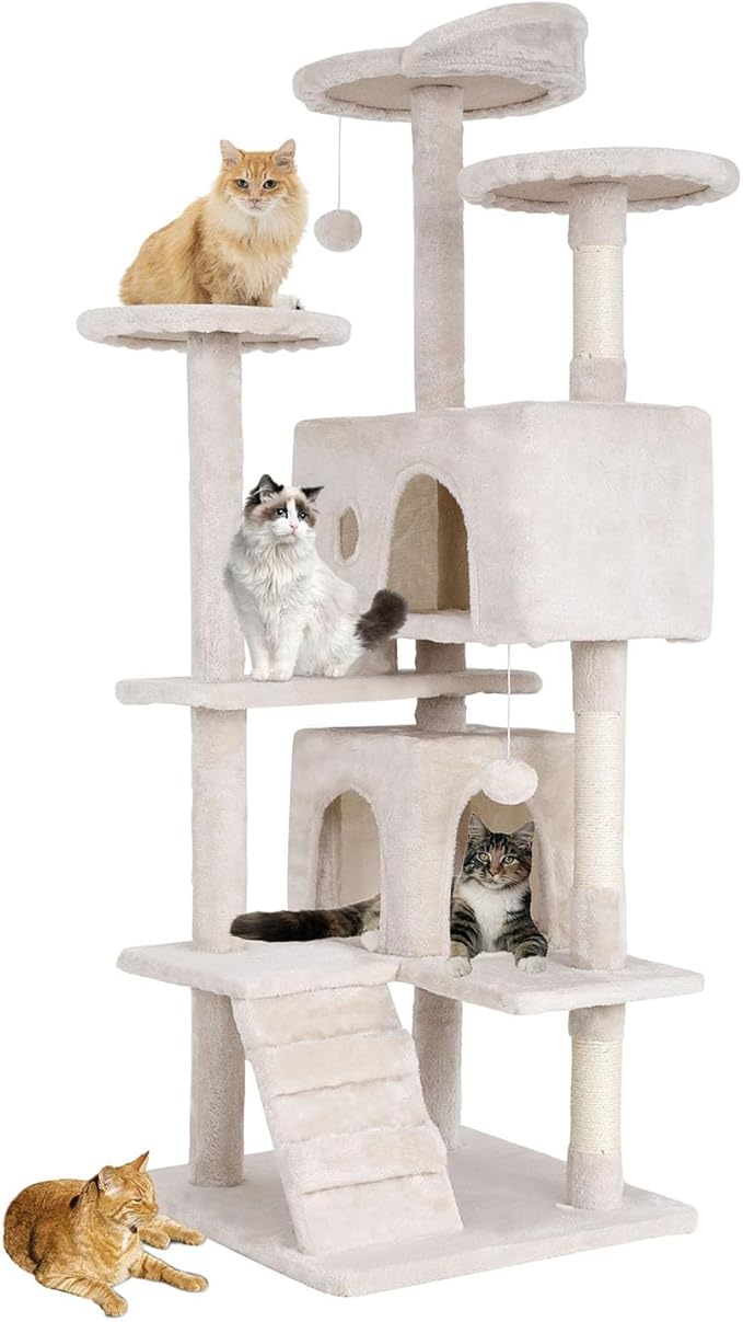 Cat Tree 54 Inch Cat Condo Stand House Multi-Level Cat Tower Durable Cat Scratching Post & Cozy Fun Indoor Cat Jumping Platform Kitty Activity Center with Furry Ball Toys for Cats, Beige
