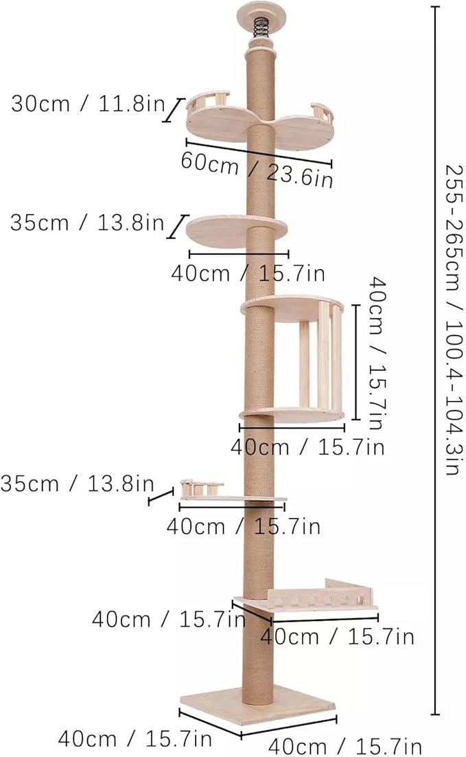 Cat Trees Tower for Indoor 5Tier Cats Scratching Post Adjustable Height Shelves Multifunctional Kitten Furniture Floor-to-Ceiling Wooden Climbing Sisal Rope Scratcher 100.4-104.3In Home Pet Shop