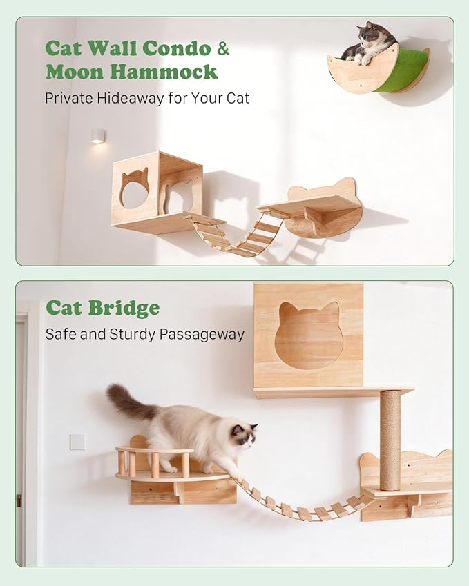 Cat Wall Shelves, 16 in 1 Cat Wall Furniture with Green Wall House, Bridge, Steps, Climbing Post & Scratching Pad Modular Wall Mounted Cat Playground for Large Spaces & Multi-Cat Homes