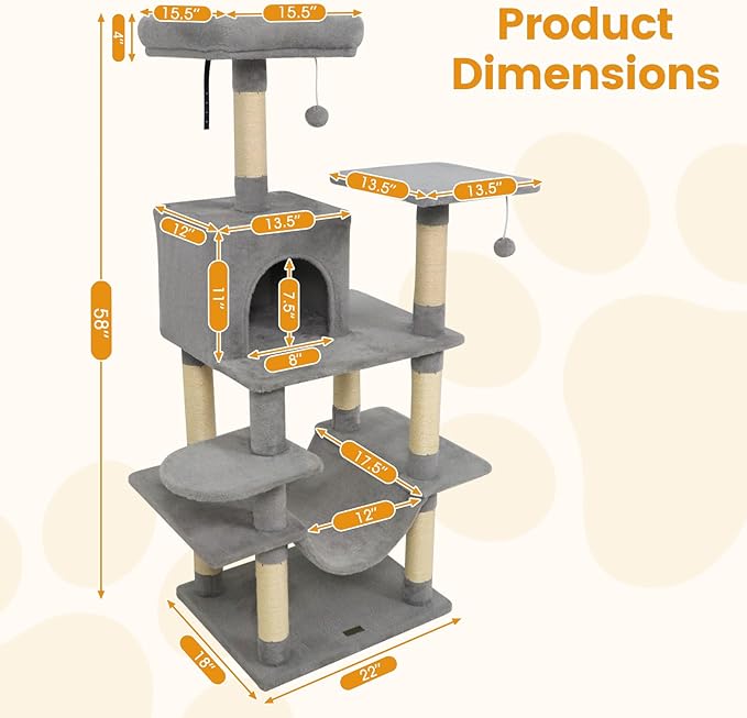 PETSITE Multi-Level Cat Tree, 58 Inches Tall with Sisal Scratching Posts, Condo, Hammock, Dangling Balls, Jumping Platforms, and Cozy Top Perch, Ideal for Indoor Cats to Play and Rest (Grey)