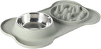 Gibson Home Curious Canines Slow Feeder Dog Bowl Set, 16” Bone Shaped Double Bowl, Silicone Base with Stainless Steel Insert, Anti-Gulp Feeding, Dishwasher Safe, Green