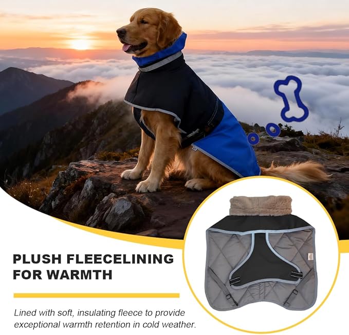 Waterproof Dog Winter Coat, Reflective Turtleneck Fleece Jacket with Snow Protection for Large Dogs, Cold Weather Pet Clothing (Blue, XL)