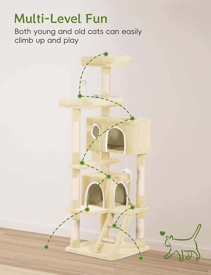 Cat Tree Tower 53 inch - Multi-Level Indoor Activity Center with Sisal Scratching Posts, Condo, Plush Perch & Hanging Toys for Large Cats (Beige)