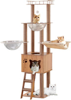 61'' Wooden cat Tree with cat Condo, Cat Stairs Scratching Posts, 2 Bowl,Sisal Scratching Posts,Cozy Cat Hammock and Top Perch. Cat Tree for Large Cats.