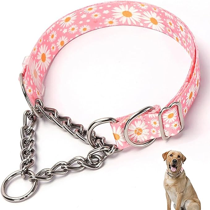 Choker Collar for Dogs, Martingale Dog Collar for Medium Dogs,Training Escape Proof Heavy Duty Dog No Pull Dog Collar for Medium Large Boy Male Dogs, Pink Daisy M