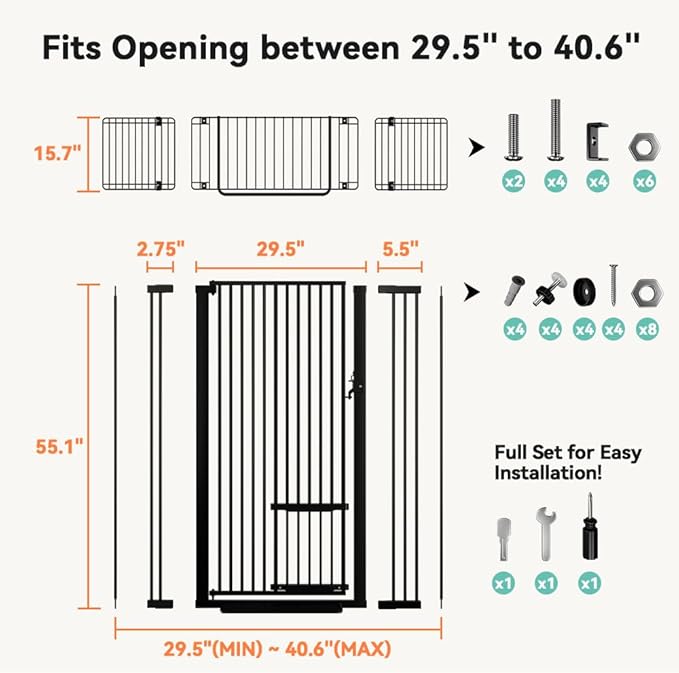 COMOMY 71" Extra Tall Pet Gate for Cats, 29.5-40.6" Extra Wide Cat Gate with Adjustable Cat Door, Pressure Mounted Easy Walk Through Pet Gate with Door for Stairs, Doorways, Kitchen(Black)
