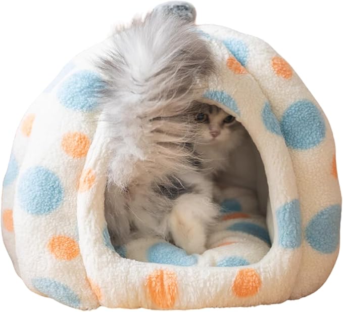 Cat Polka Dot Yurt Bed, Plush Warm Semi-Enclosed Cave Hideaway, Soft Comfy House for Indoor Kitten (Blue,Medium)