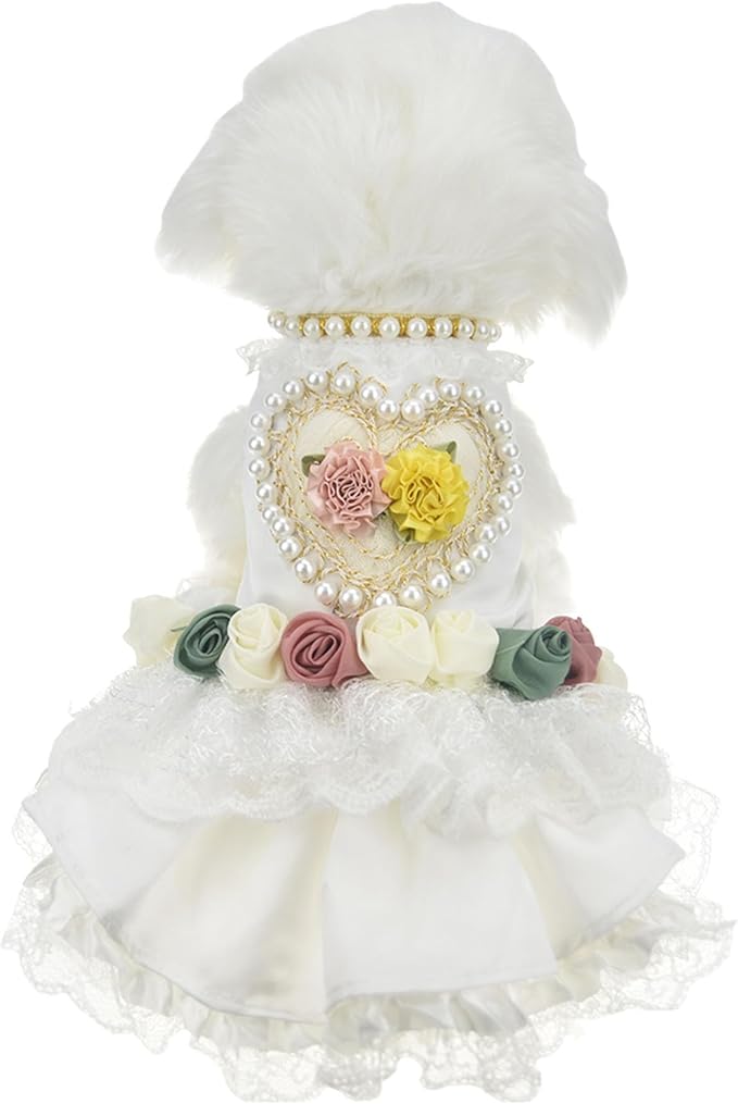 Luxury Pearl Dog Wedding Dress,Dog Rose Love Heart Dress,Pet Bride Costume Formal Apparel for Small Dogs (White, Small)