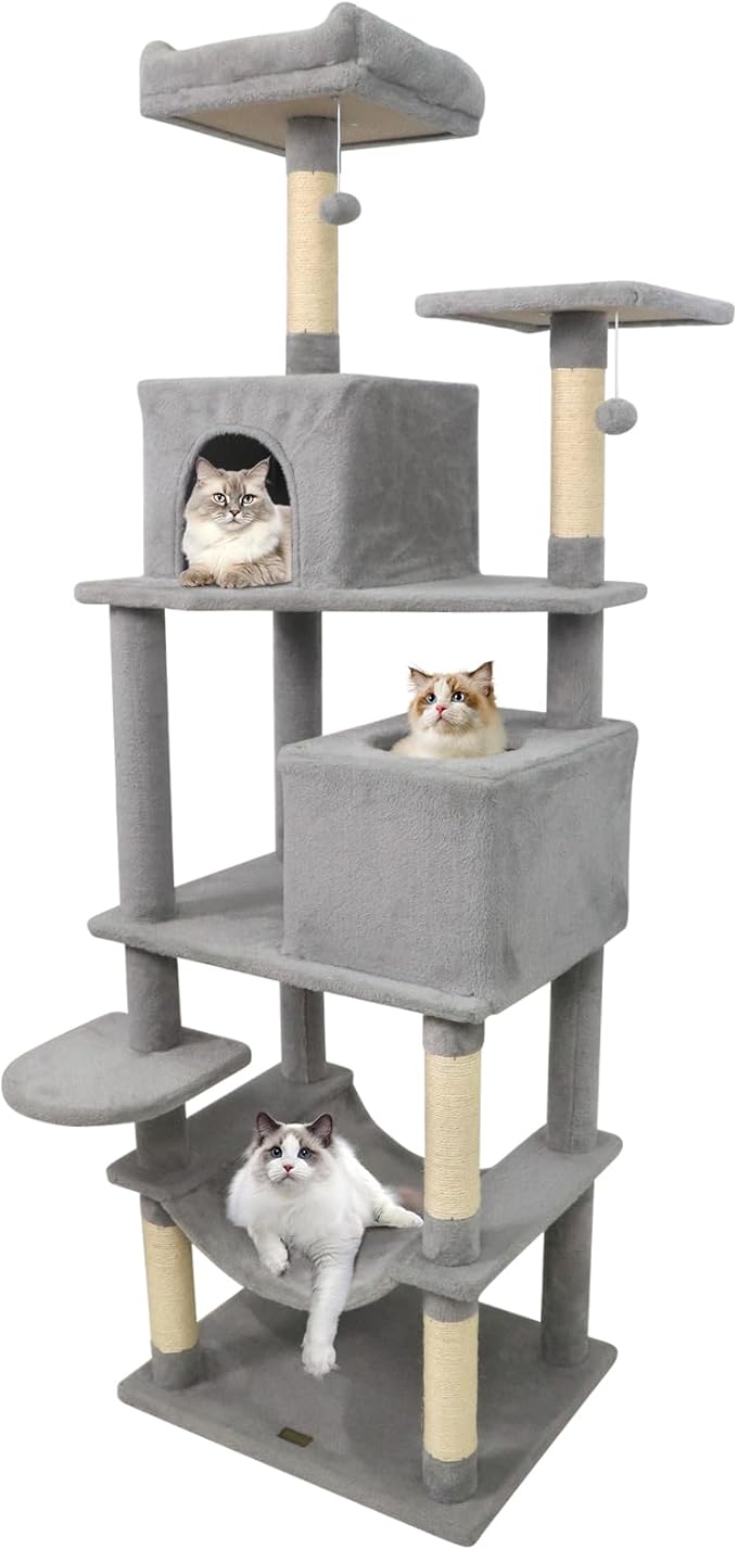 PETSITE Multi-Level Cat Tree, 75 Inches Tall with Sisal Scratching Posts, 2 Condos, Hammock, Dangling Balls, and Cozy Top Perch, Ideal for Indoor Cats to Play and Rest (Grey)