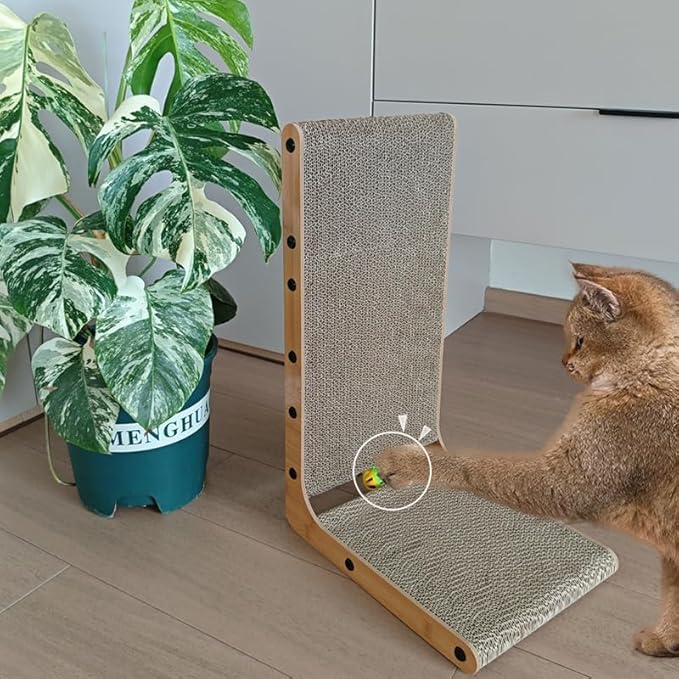 Large Cat Scratcher & Scratching Post, 27.6" Tall L-Shape Cat Scratch Board & Pad for Indoor Cats, Leans Against Wall & Sofa, High-Strength Cardboard with Bell, Catnip & Teaser Wand