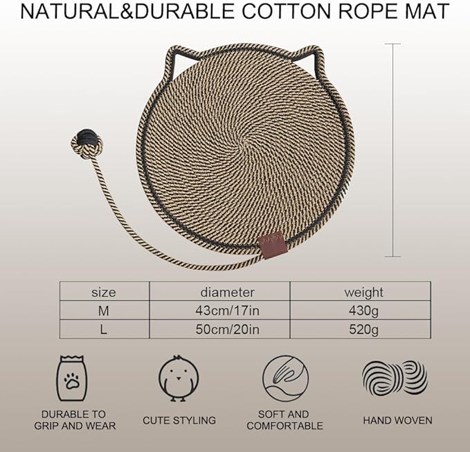 Personalized Cat Scratcher Mat, Customized with Name Text Natural Cotton Rope Round Horizontal Cat Scratching Pads with Ball Toy, Cat Furniture Protector for Wall, Couch, Carpets, Sofa (Chocalate)