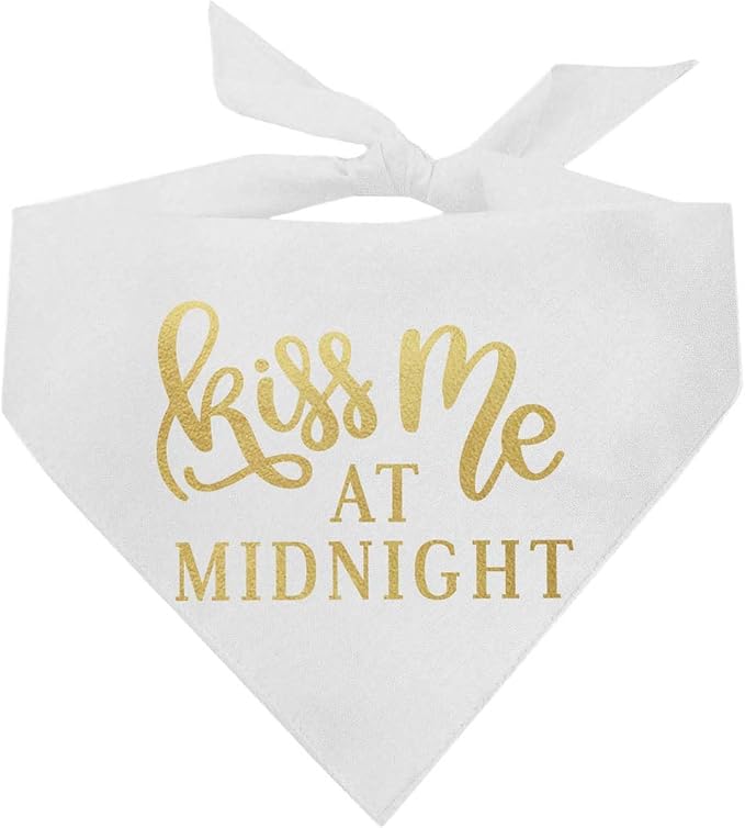Kiss Me at Midnight Dog Bandana | 100% Cotton Adjustable Triangle | Made in USA | New Year's Eve | Celebration | Cheers to 2026 |White, One Size (357)