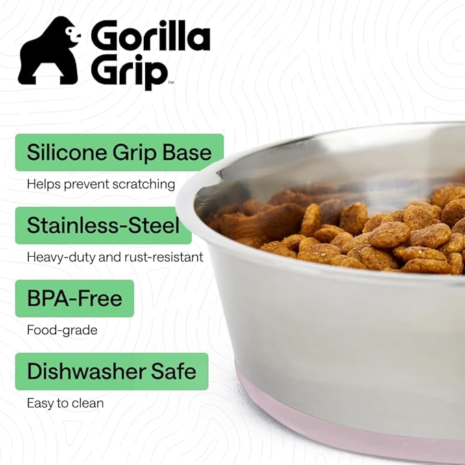 GORILLA GRIP Dog Bowls, Food Grade 304 Stainless Steel, Holds 8 Cups Each (64 fl oz) Food and Water Bowl for Feeding Dogs and Cats, Dishwasher Safe, Rust Resistant, BPA Free Rubber Base Set of 2 Pink