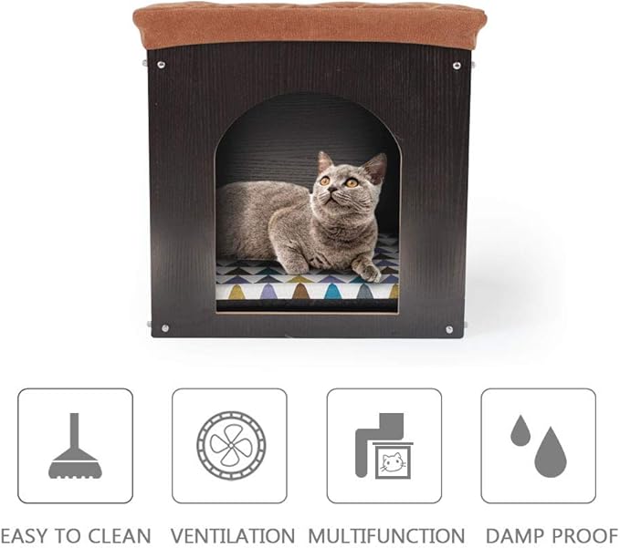 SONGWAY Cat House for Indoor Cats Large, Pet Cave with Carpet, Pet House Ottoman, Multipurpose Footrest with Cushion, Cube House for Cats and Small Dogs, Black L